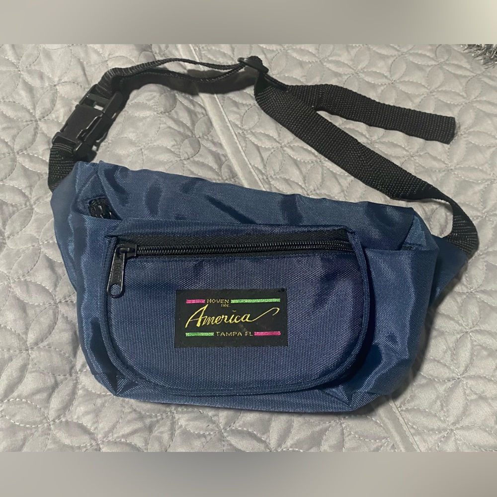 Vintage Florida Waist Fanny Pack 90s Money Bag Navy Blue 3 Zipped Pockets